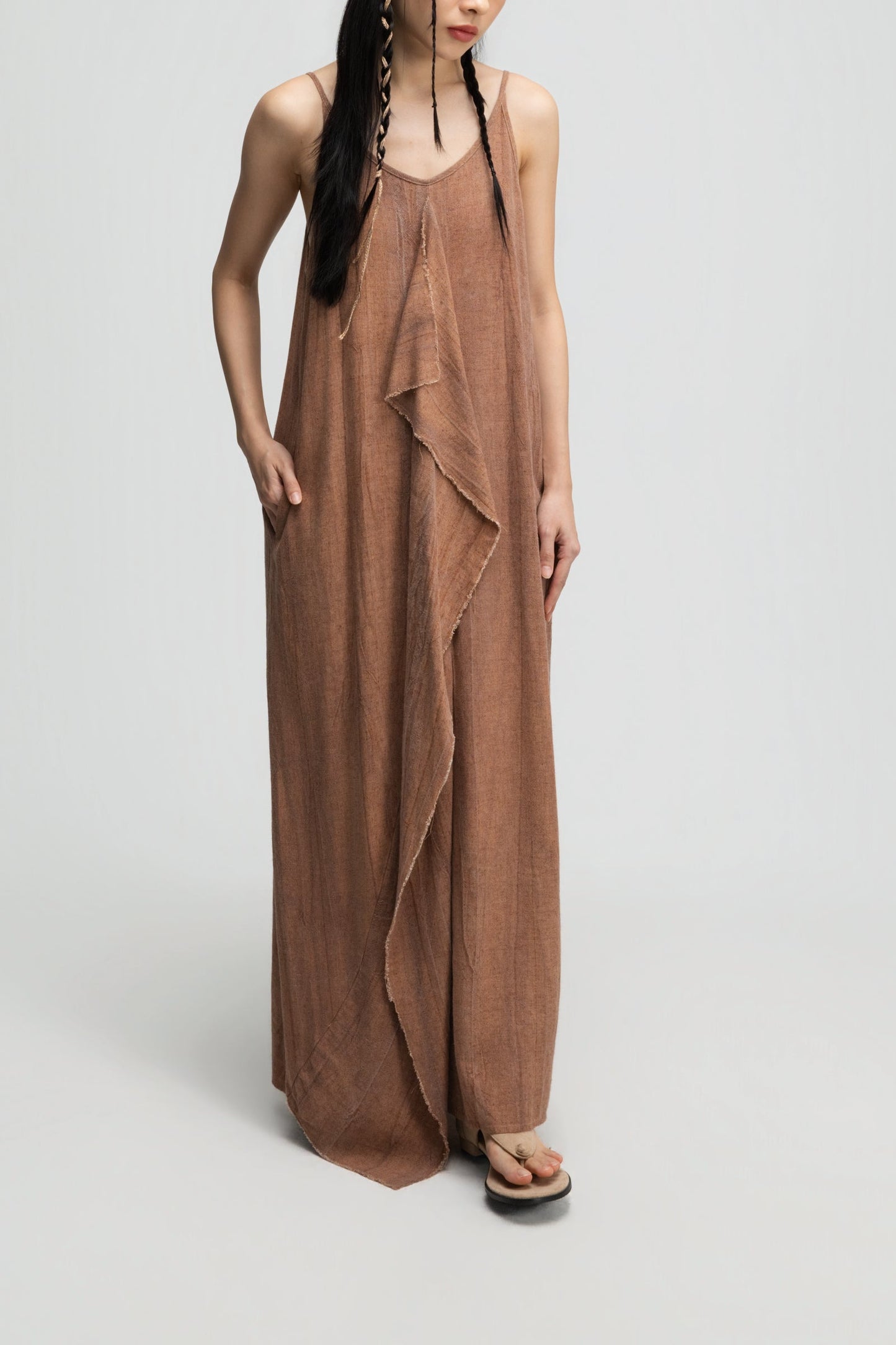 Front Drape Raw Hem Cami Dress (Tie Dye Rust)