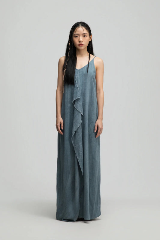 Front Drape Raw Hem Cami Dress (Tie Dye Teal)