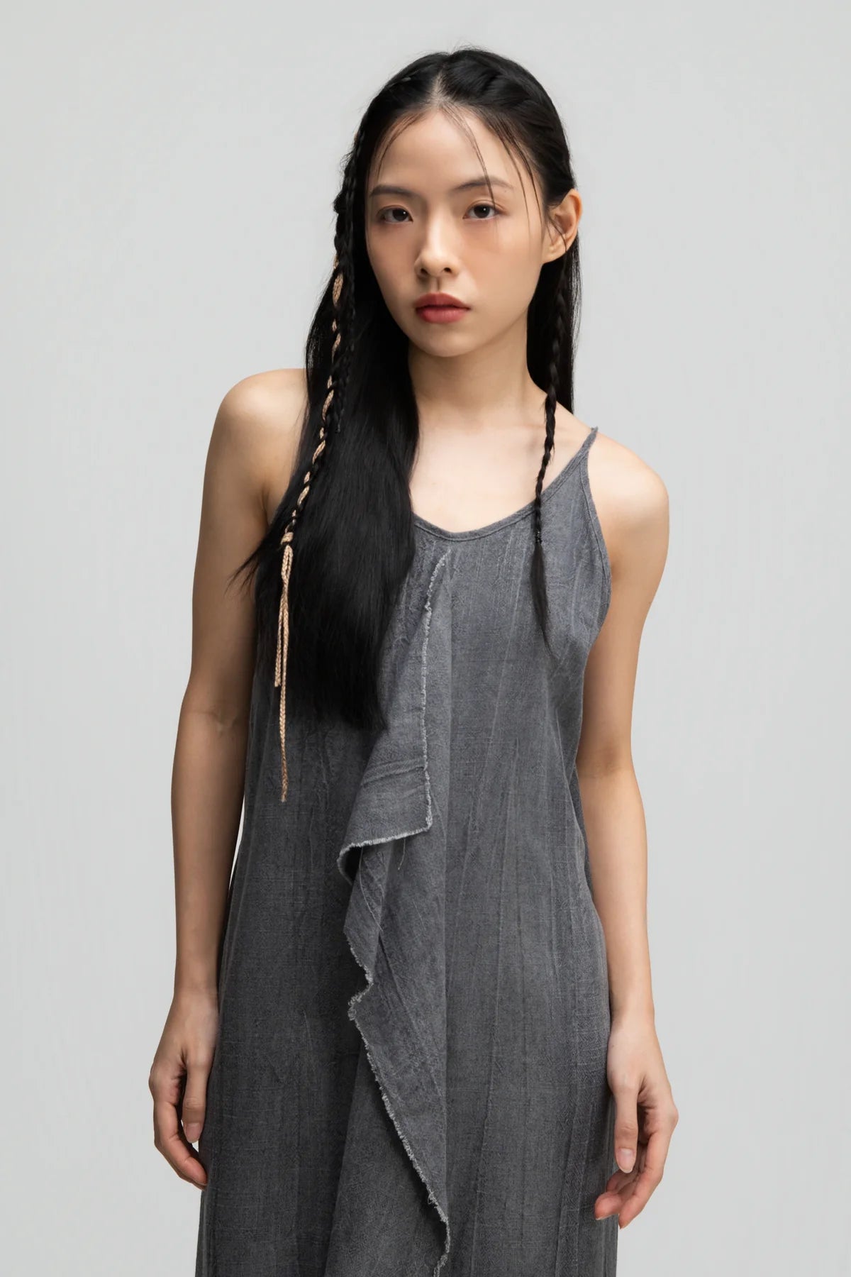 Front Drape Raw Hem Cami Dress (Tie Dye Grey)