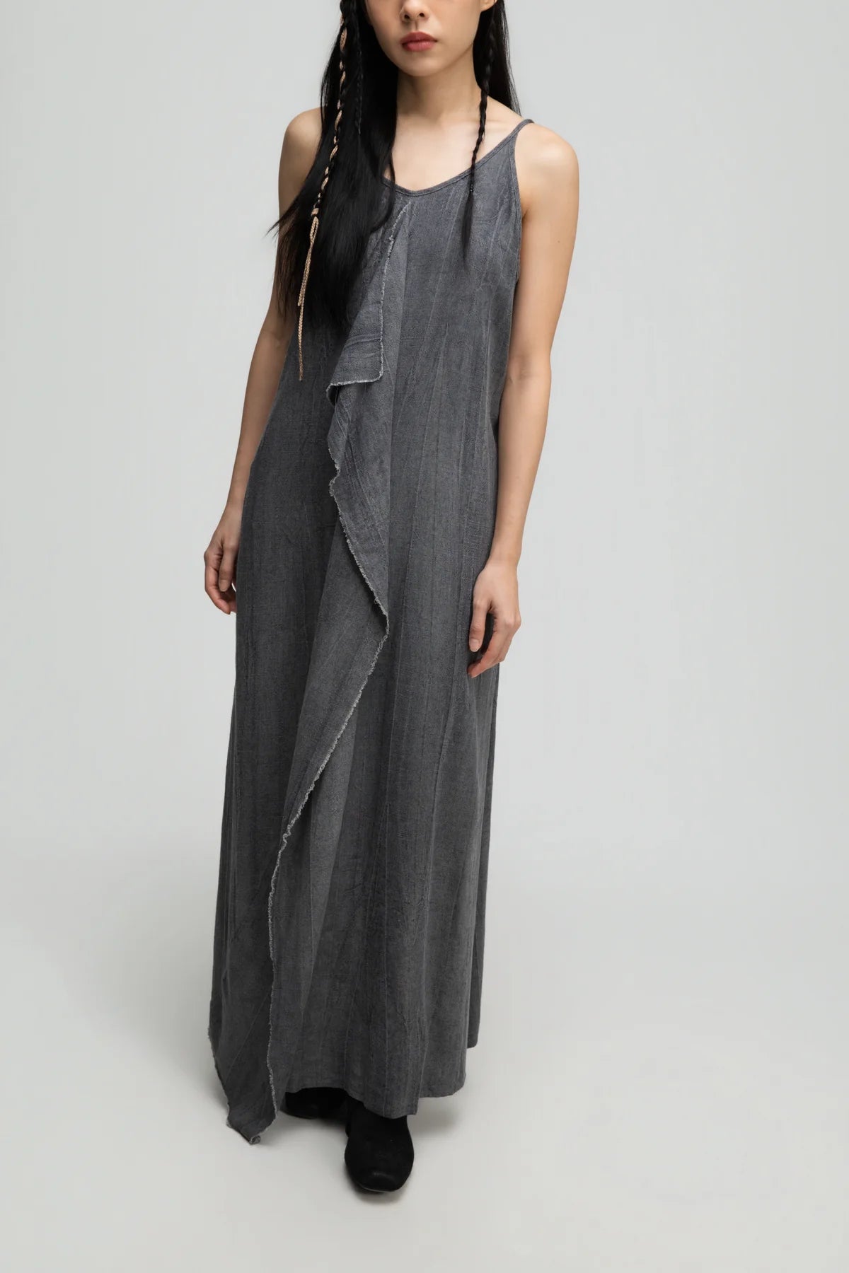 Front Drape Raw Hem Cami Dress (Tie Dye Grey)