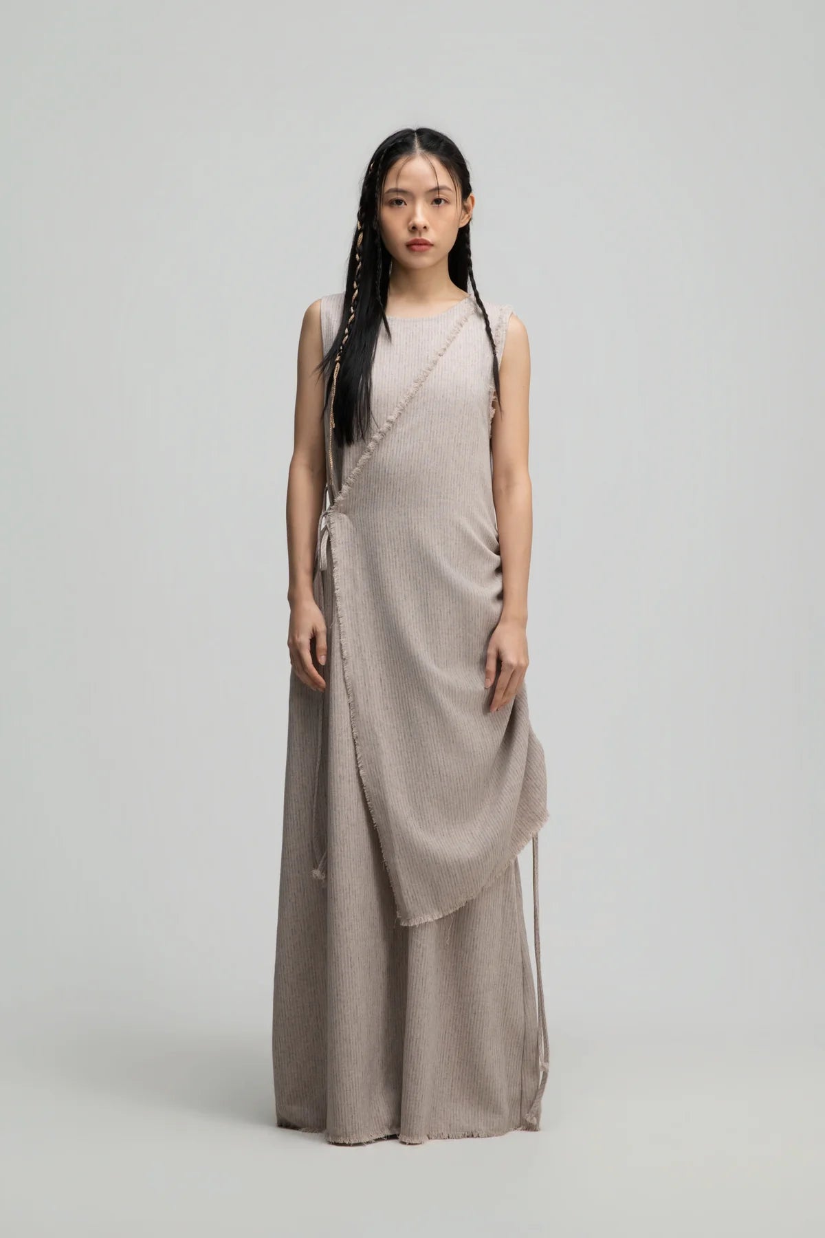 Raw Hem Skewed Layer Maxi Dress (Dark Beige)