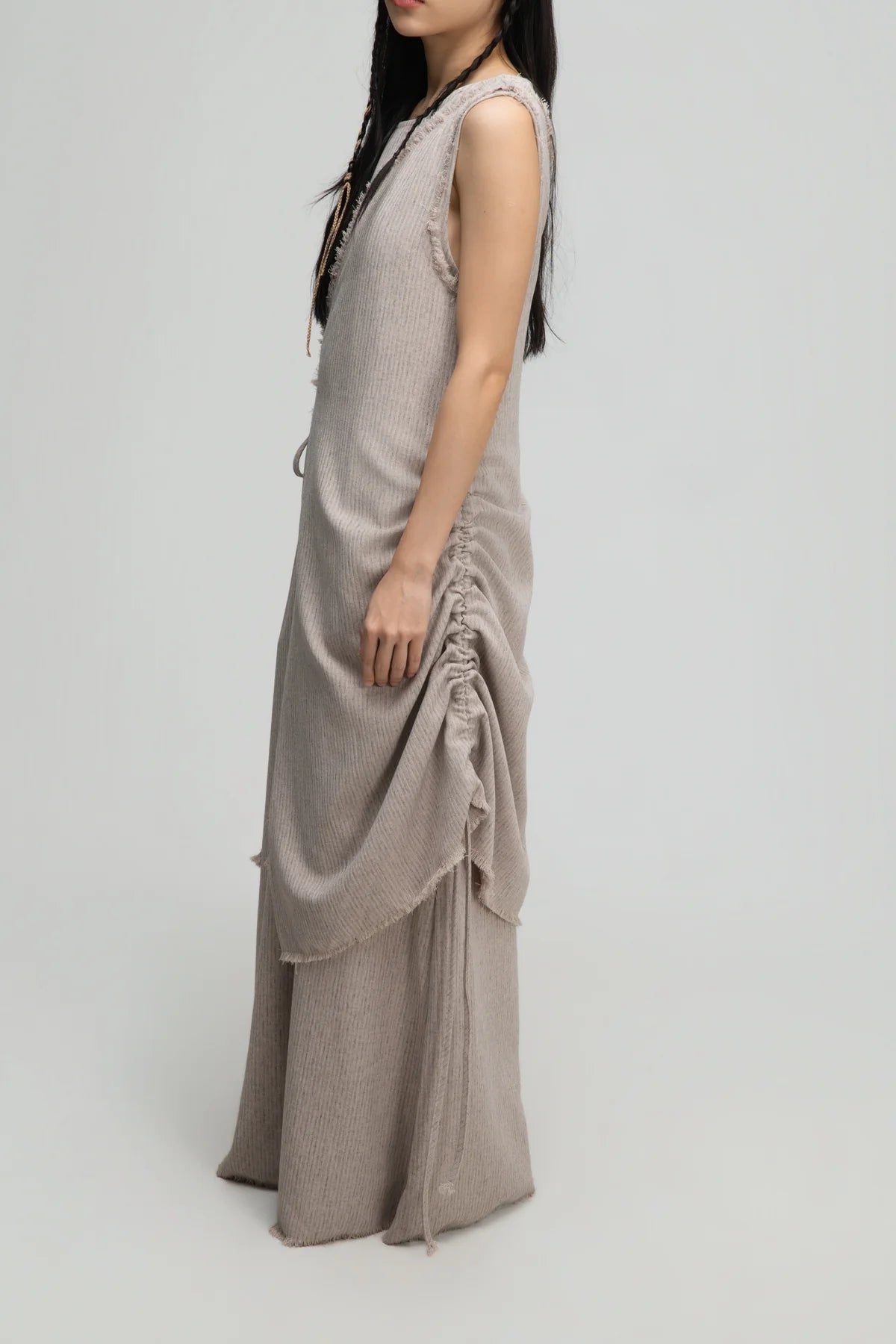 Raw Hem Skewed Layer Maxi Dress (Dark Beige)