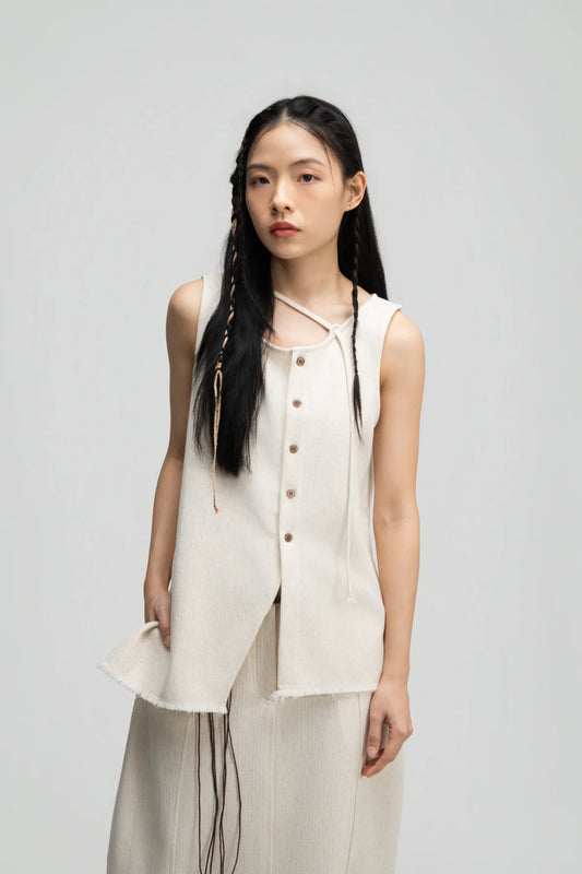 Raw Hem Skewed Button-Up Tank Top (Off White) - BEV C multi label store