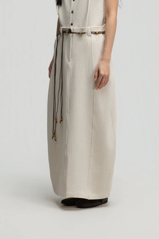 Curved Leg Skirt w/ Beaded Belt (Off White) - BEV C multi label store