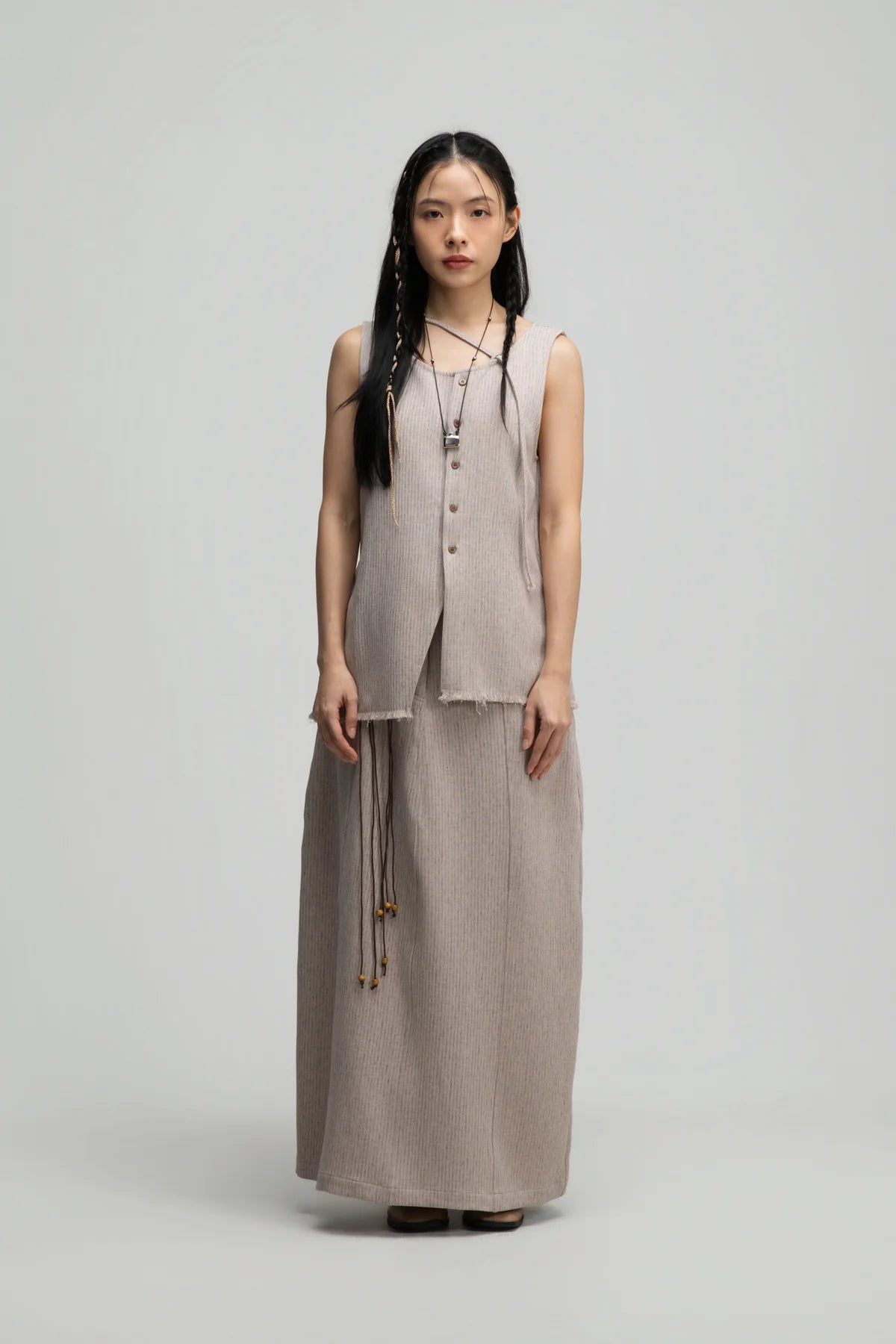 Curved Leg Skirt w/ Beaded Belt (Dark Beige)