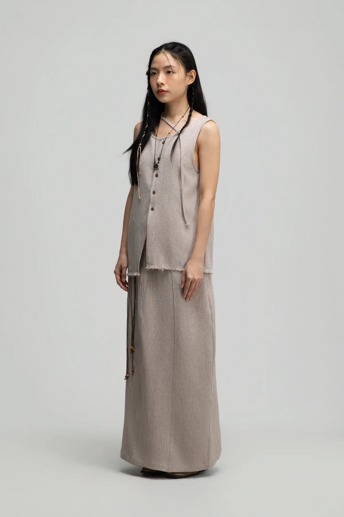 Curved Leg Skirt w/ Beaded Belt (Dark Beige)