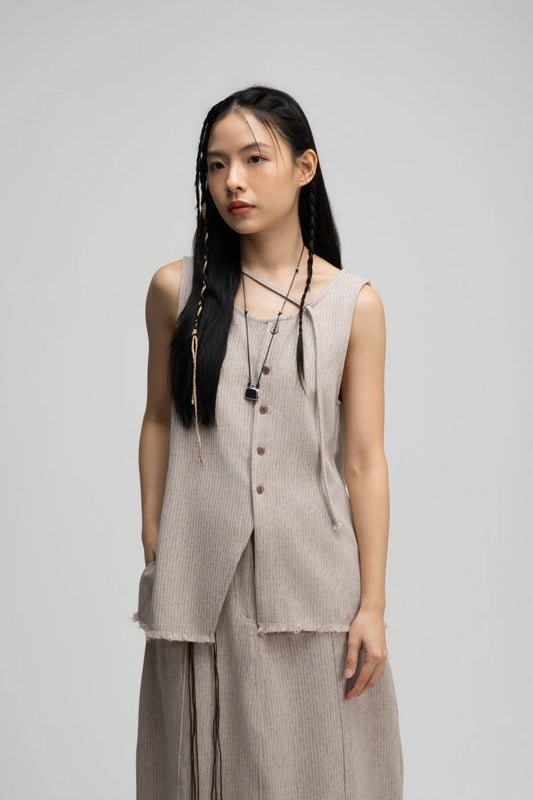 Raw Hem Skewed Button-Up Tank Top (Dark Beige) - BEV C multi label store