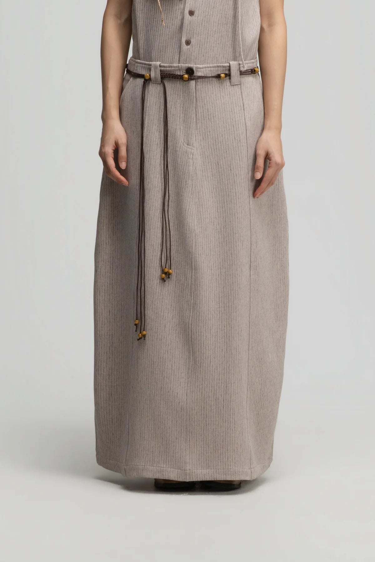 Curved Leg Skirt w/ Beaded Belt (Dark Beige)