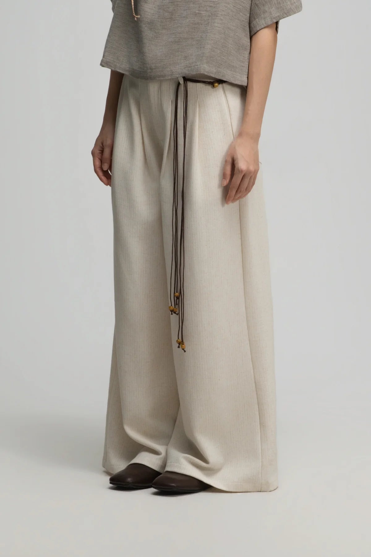 Straight Wide Trousers w/ Beaded Belt (Off White)