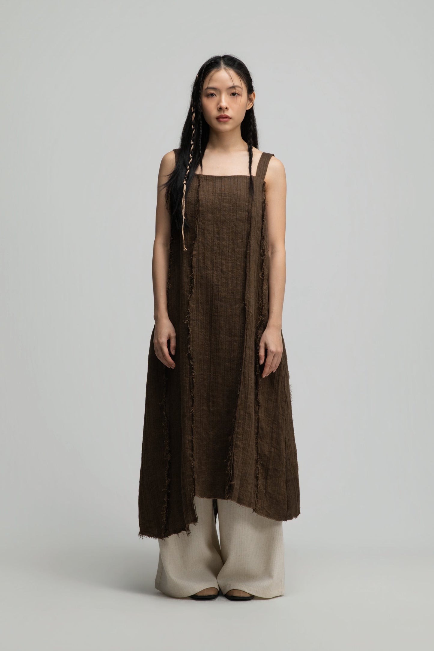 Square Neck Raw Hem Cami Dress (Brown)