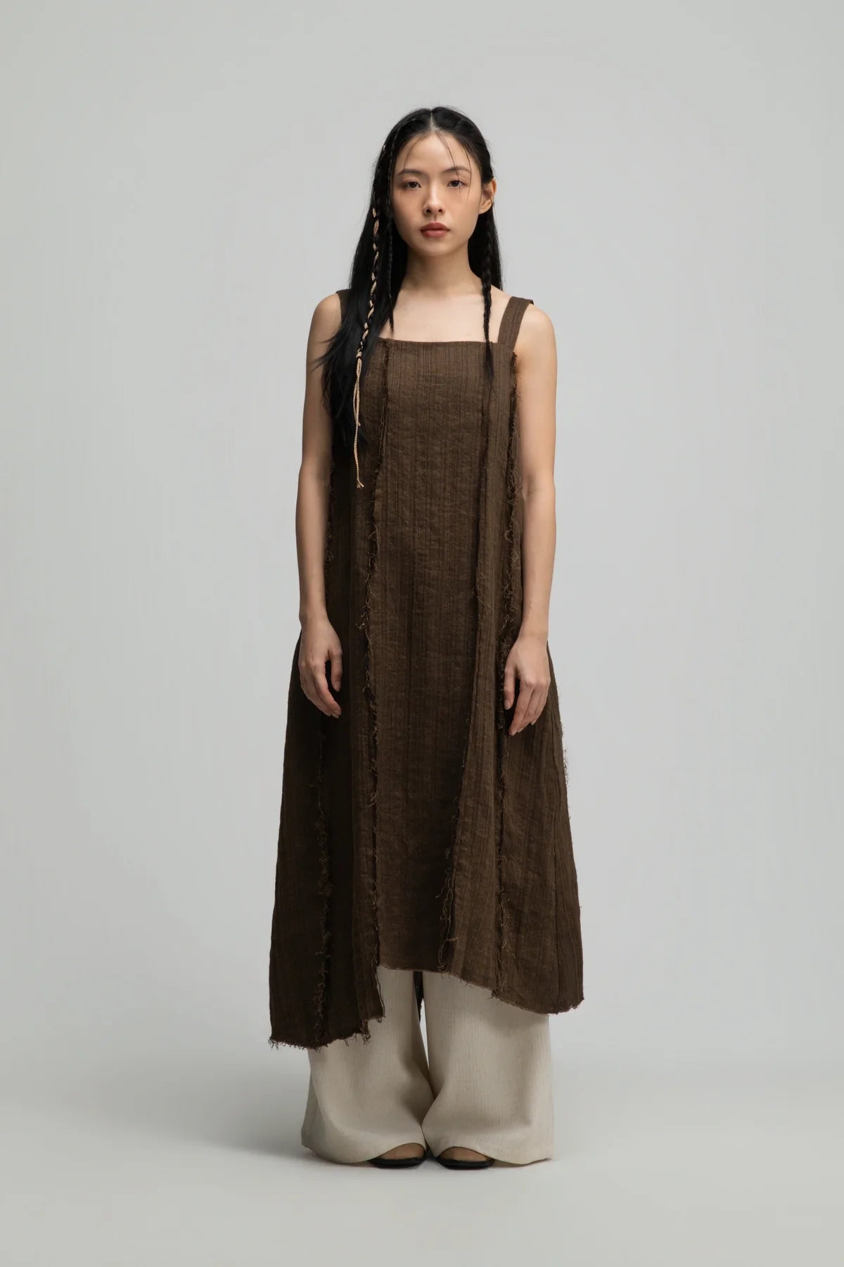 Square Neck Raw Hem Cami Dress (Brown)