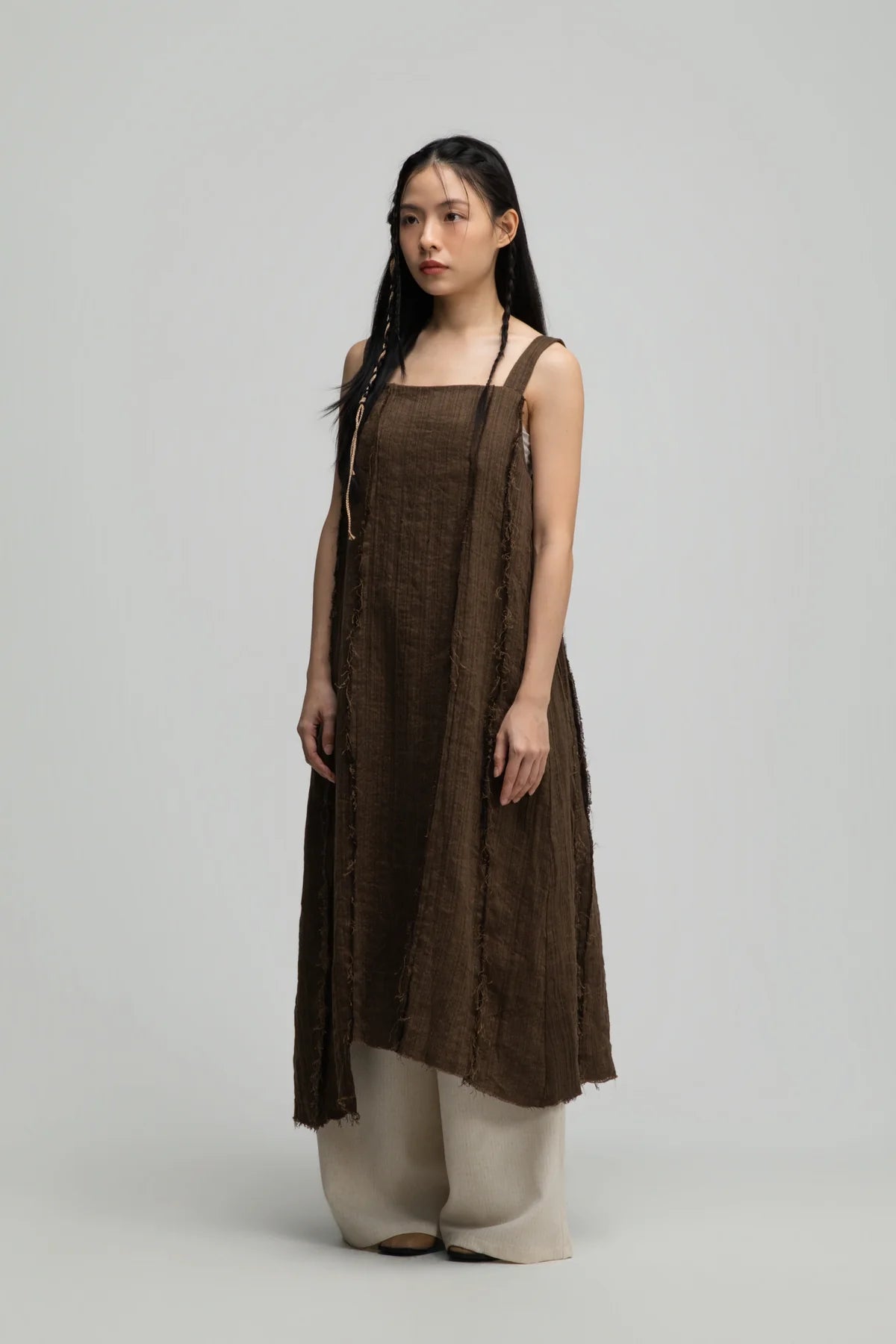 Square Neck Raw Hem Cami Dress (Brown)