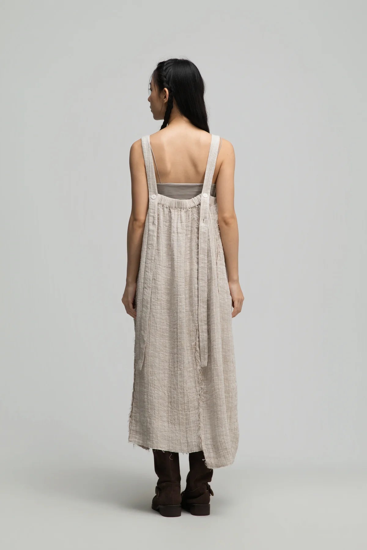 Square Neck Raw Hem Cami Dress (Beige)