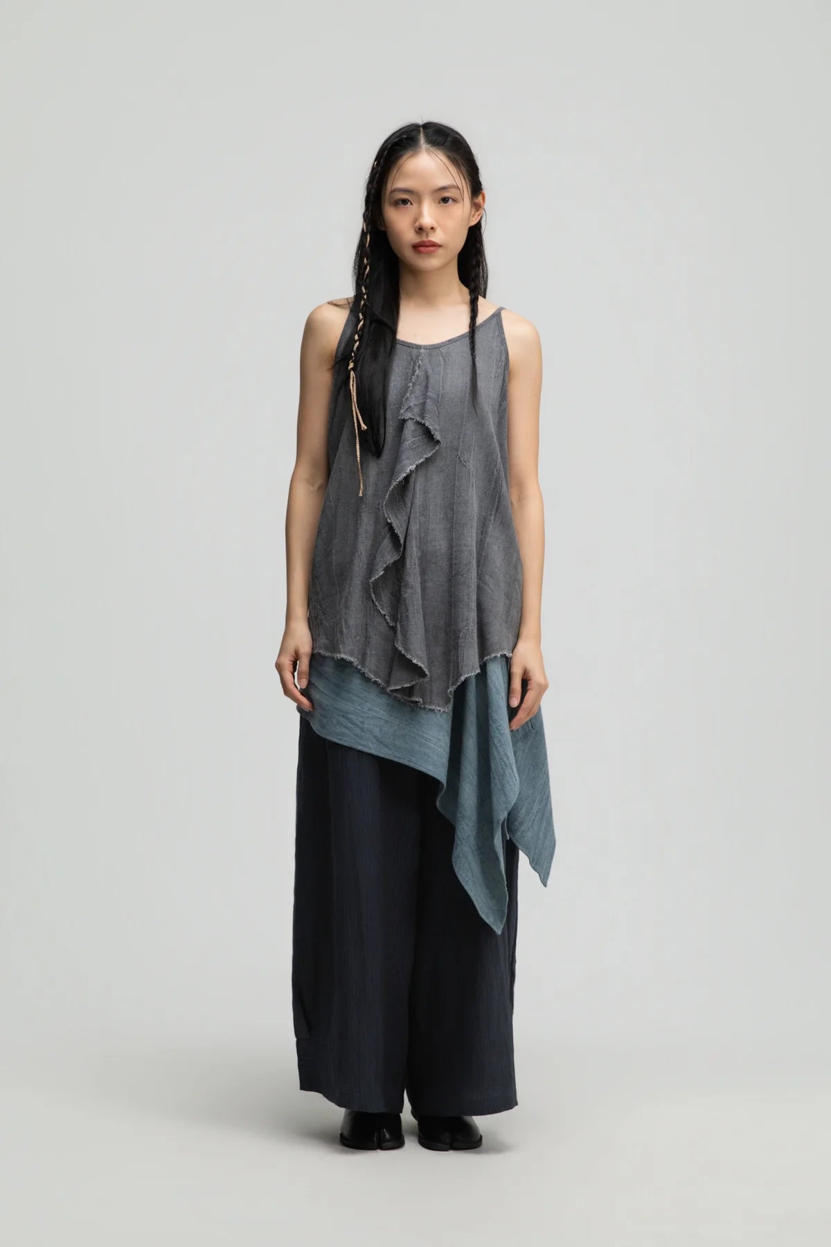 Front Drape Raw Hem Cami Top (Tie Dye Grey)