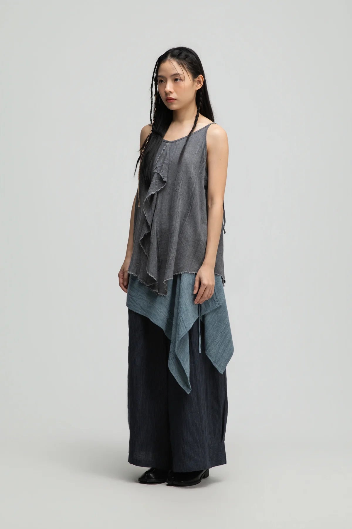 Front Drape Raw Hem Cami Top (Tie Dye Grey)