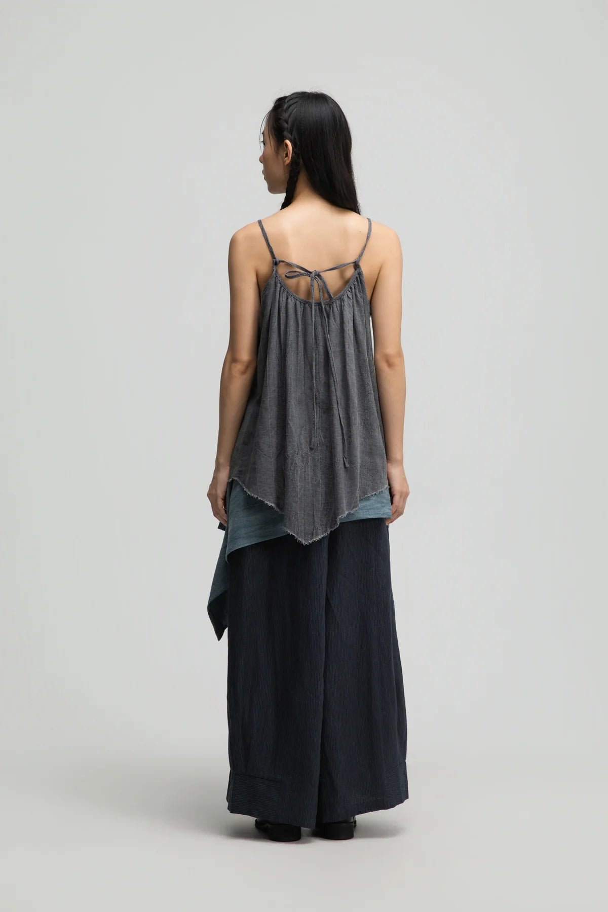 Front Drape Raw Hem Cami Top (Tie Dye Grey)