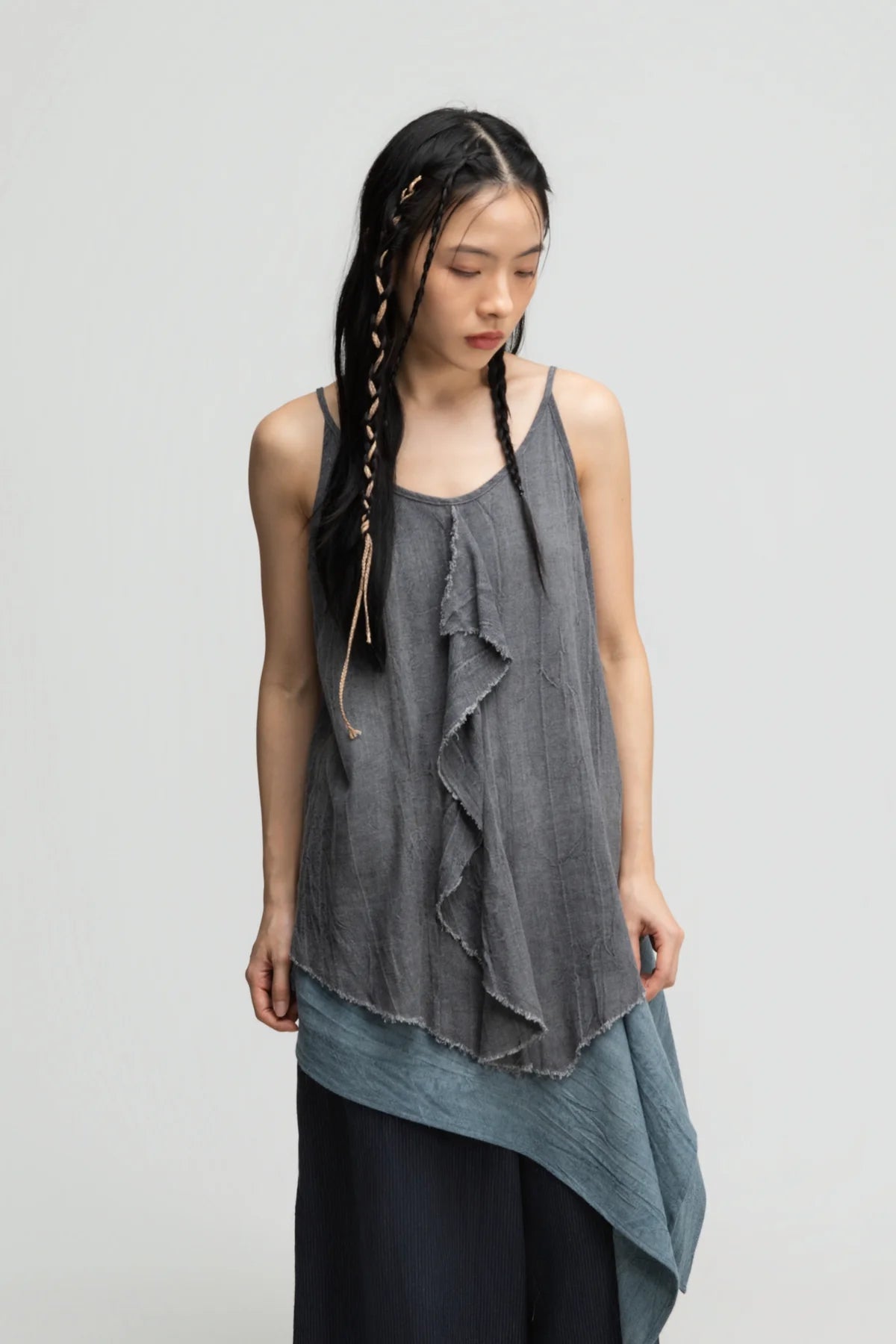 Front Drape Raw Hem Cami Top (Tie Dye Grey)