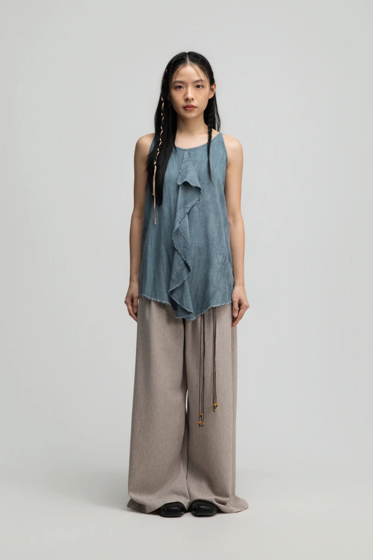 Straight Wide Trousers w/ Beaded Belt (Dark Beige)