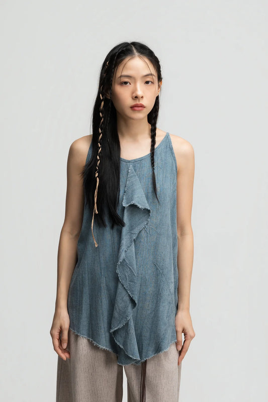 Front Drape Raw Hem Cami Top (Tie Dye Teal)