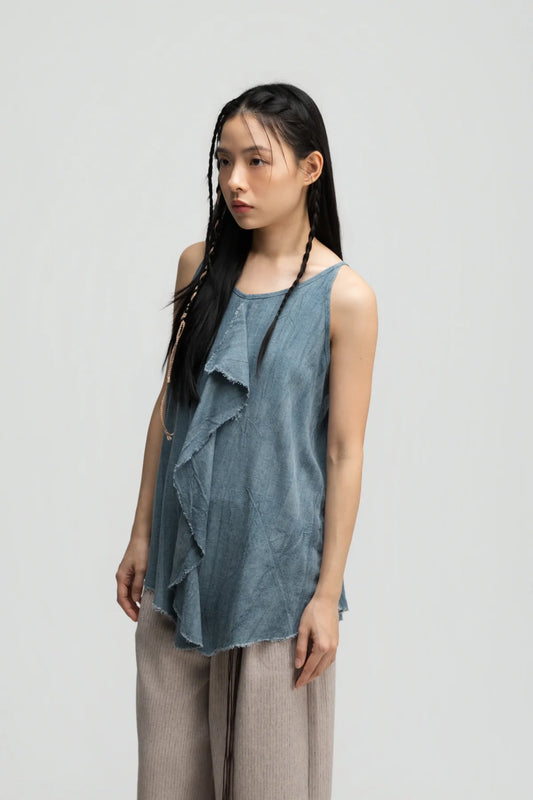 Front Drape Raw Hem Cami Top (Tie Dye Teal)