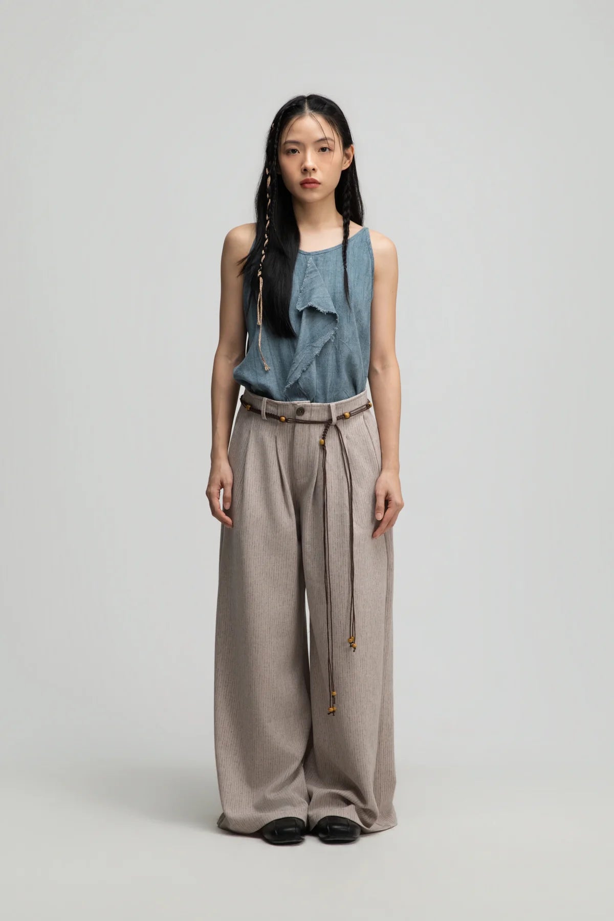 Straight Wide Trousers w/ Beaded Belt (Dark Beige)