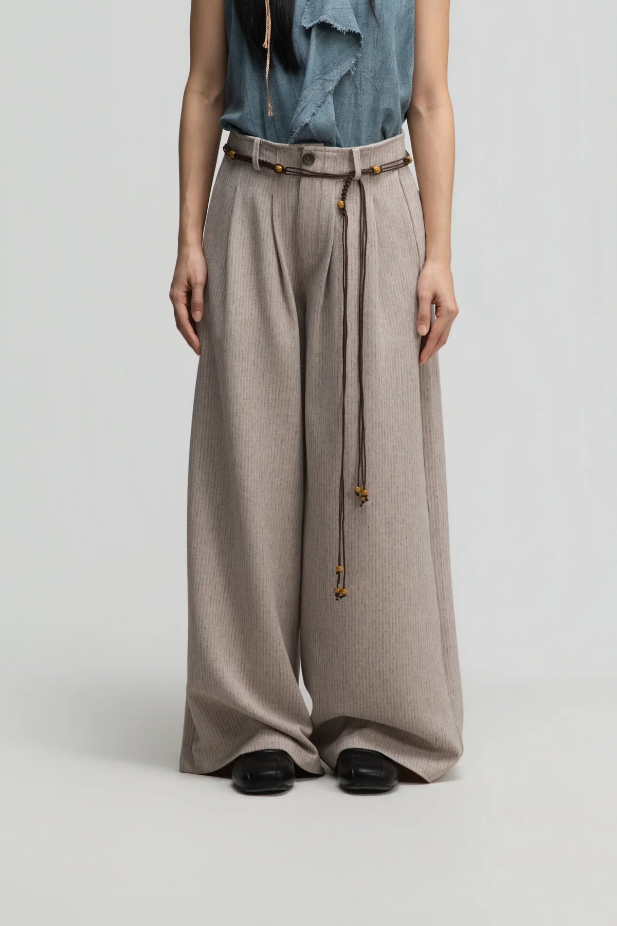Straight Wide Trousers w/ Beaded Belt (Dark Beige)