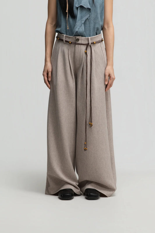 Straight Wide Trousers w/ Beaded Belt (Dark Beige) - BEV C multi label store