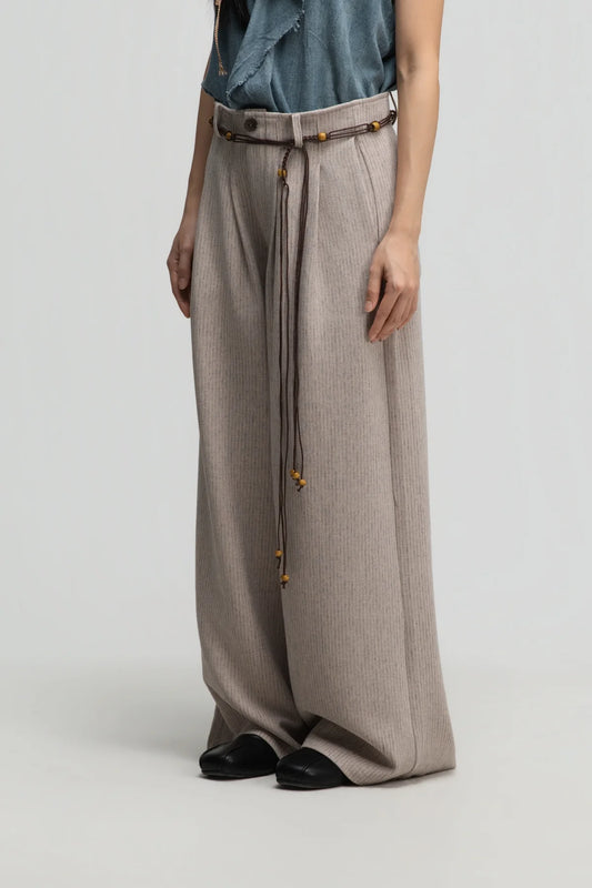 Straight Wide Trousers w/ Beaded Belt (Dark Beige) - BEV C multi label store