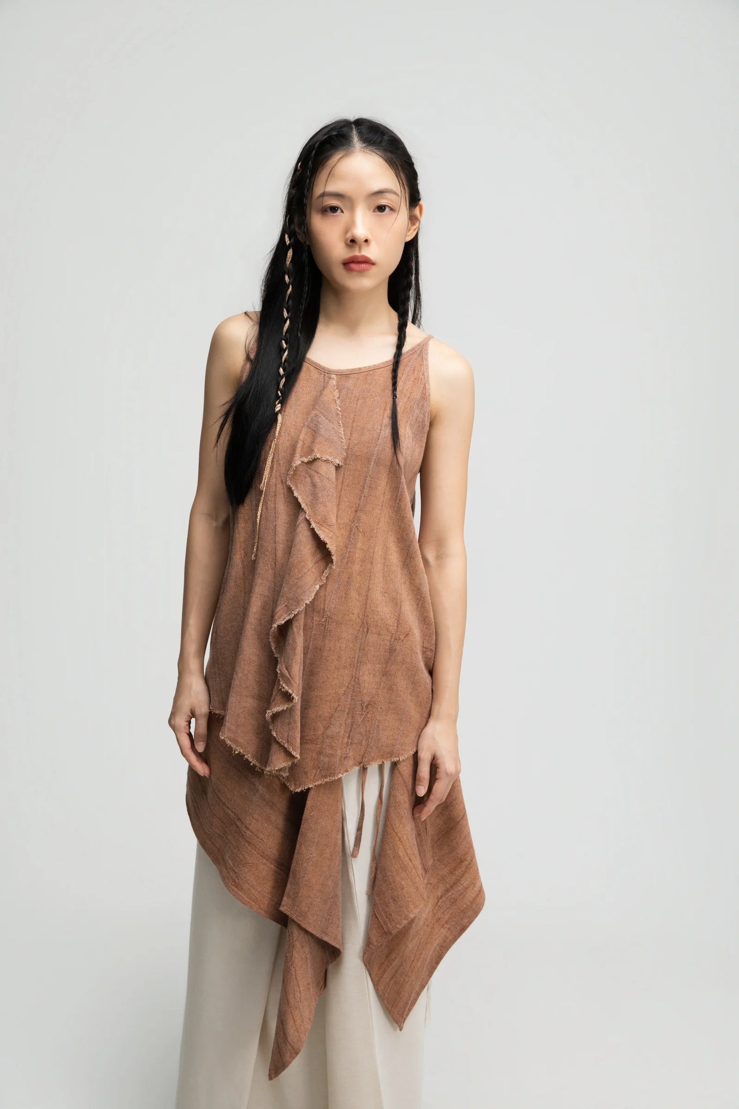 Front Drape Raw Hem Cami Top (Tie Dye Rust)