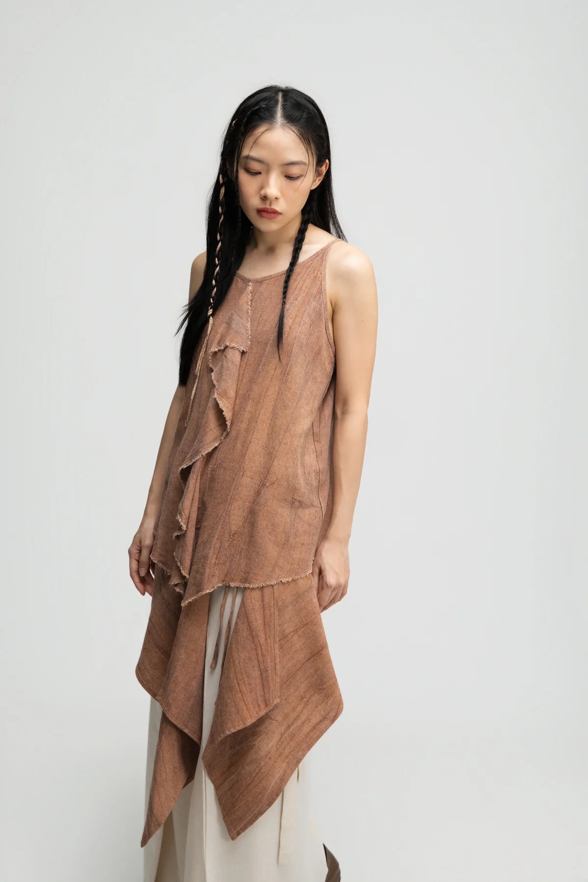 Front Drape Raw Hem Cami Top (Tie Dye Rust)