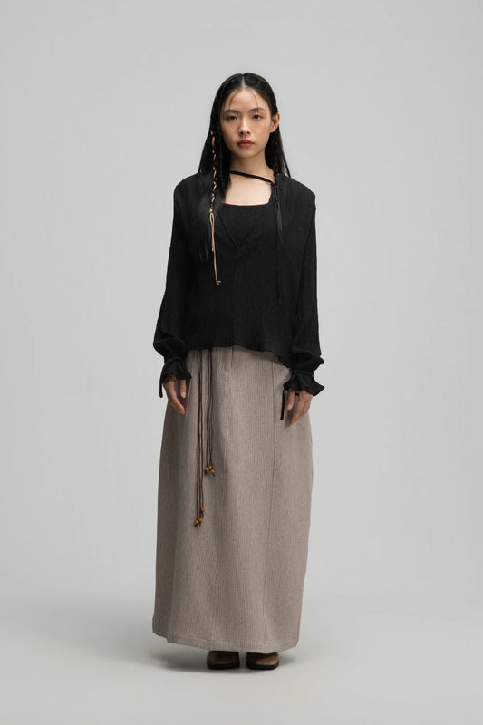 Deep V-Neck Blouse + Cami Top Set (Black)