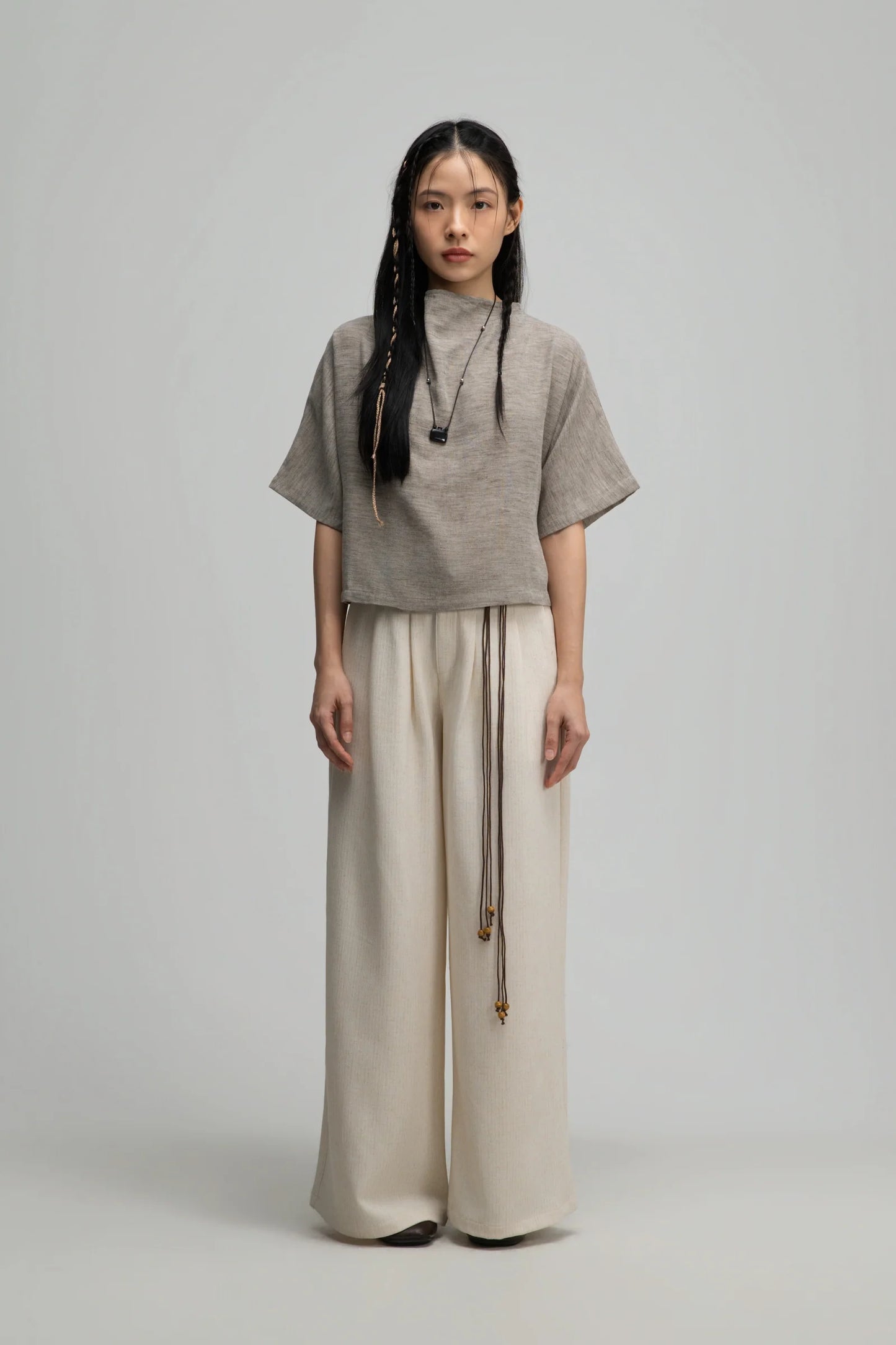 Semi High Neck Short Sleeve Crop Top (Dark Oat)