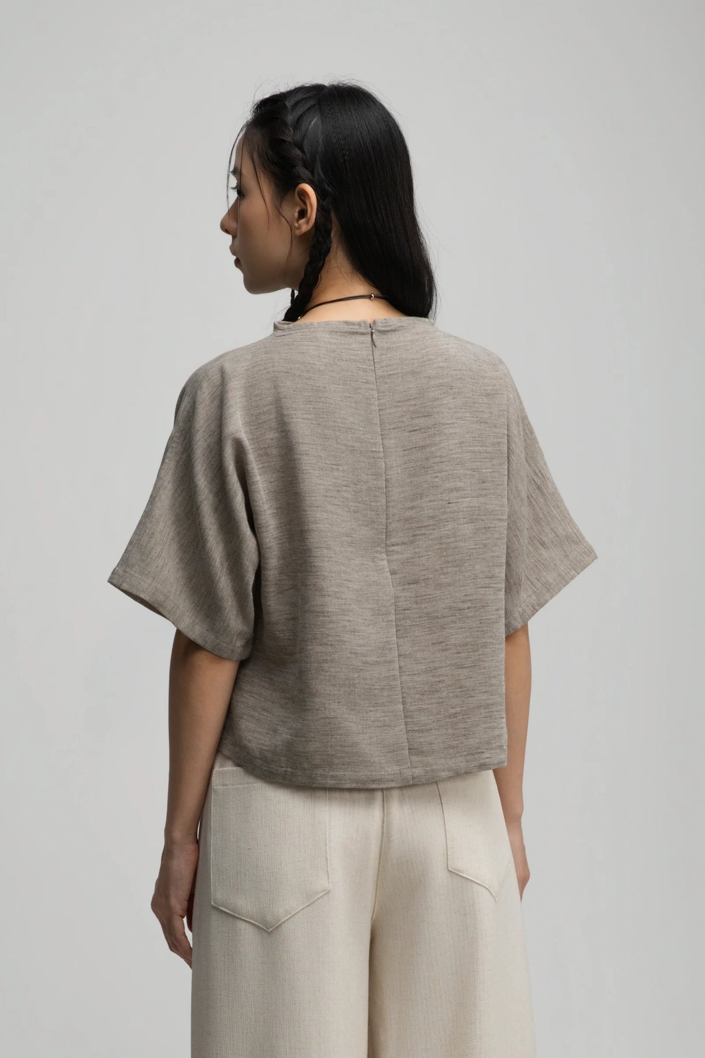 Semi High Neck Short Sleeve Crop Top (Dark Oat)