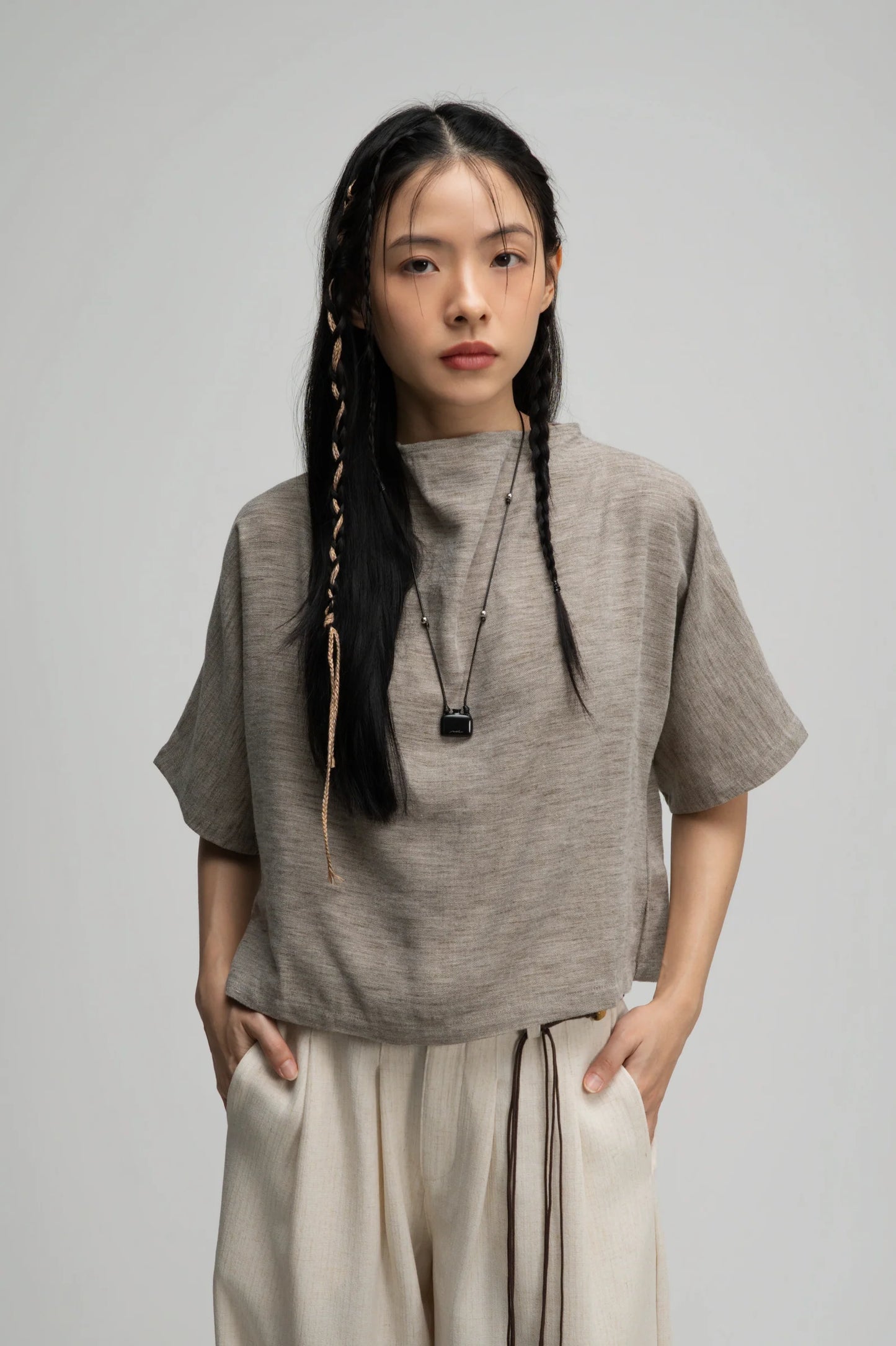 Semi High Neck Short Sleeve Crop Top (Dark Oat)