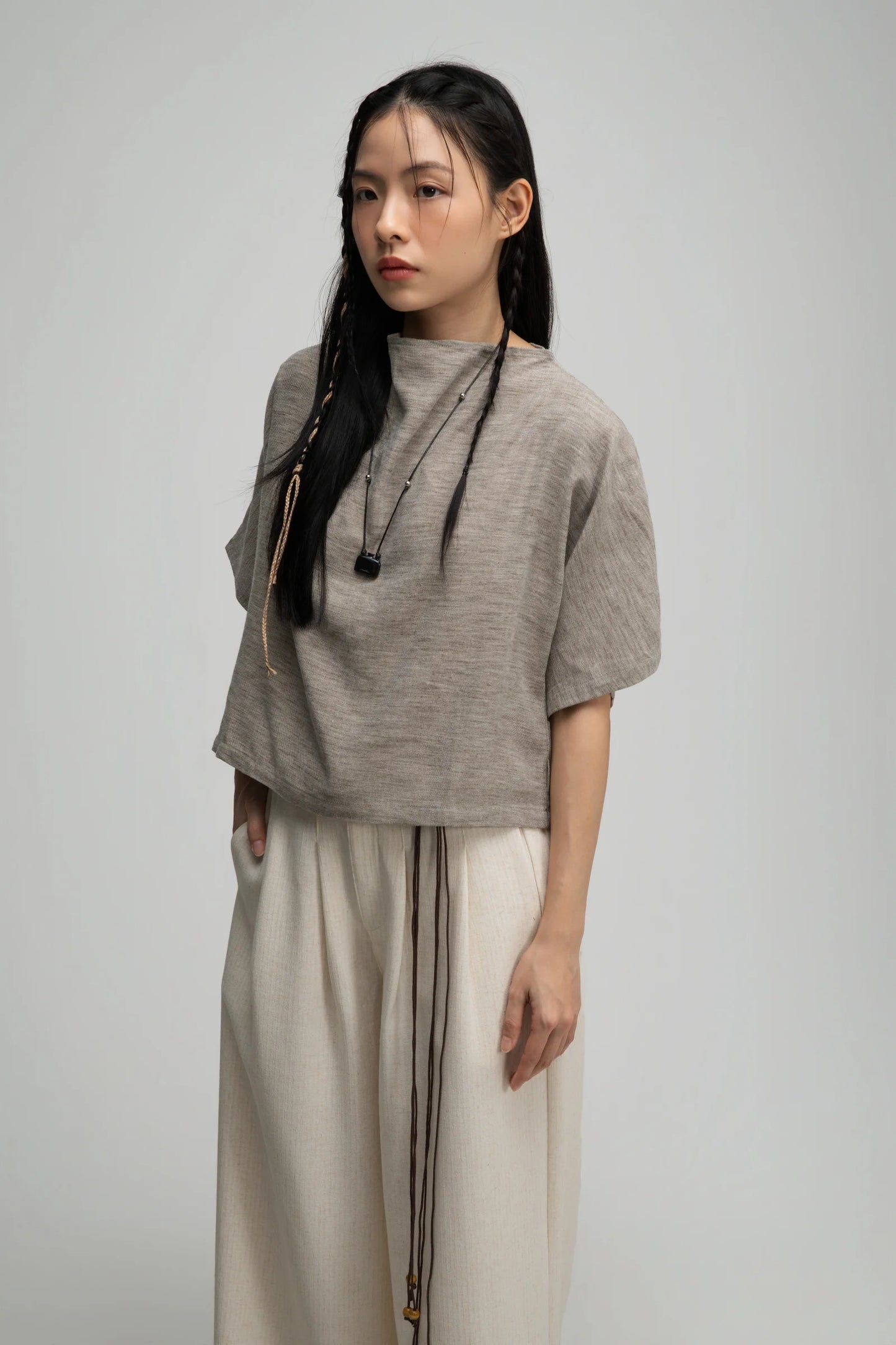 Semi High Neck Short Sleeve Crop Top (Dark Oat)