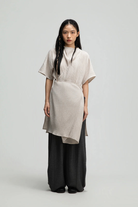 High Neck Wrap Longline Top (Beige)
