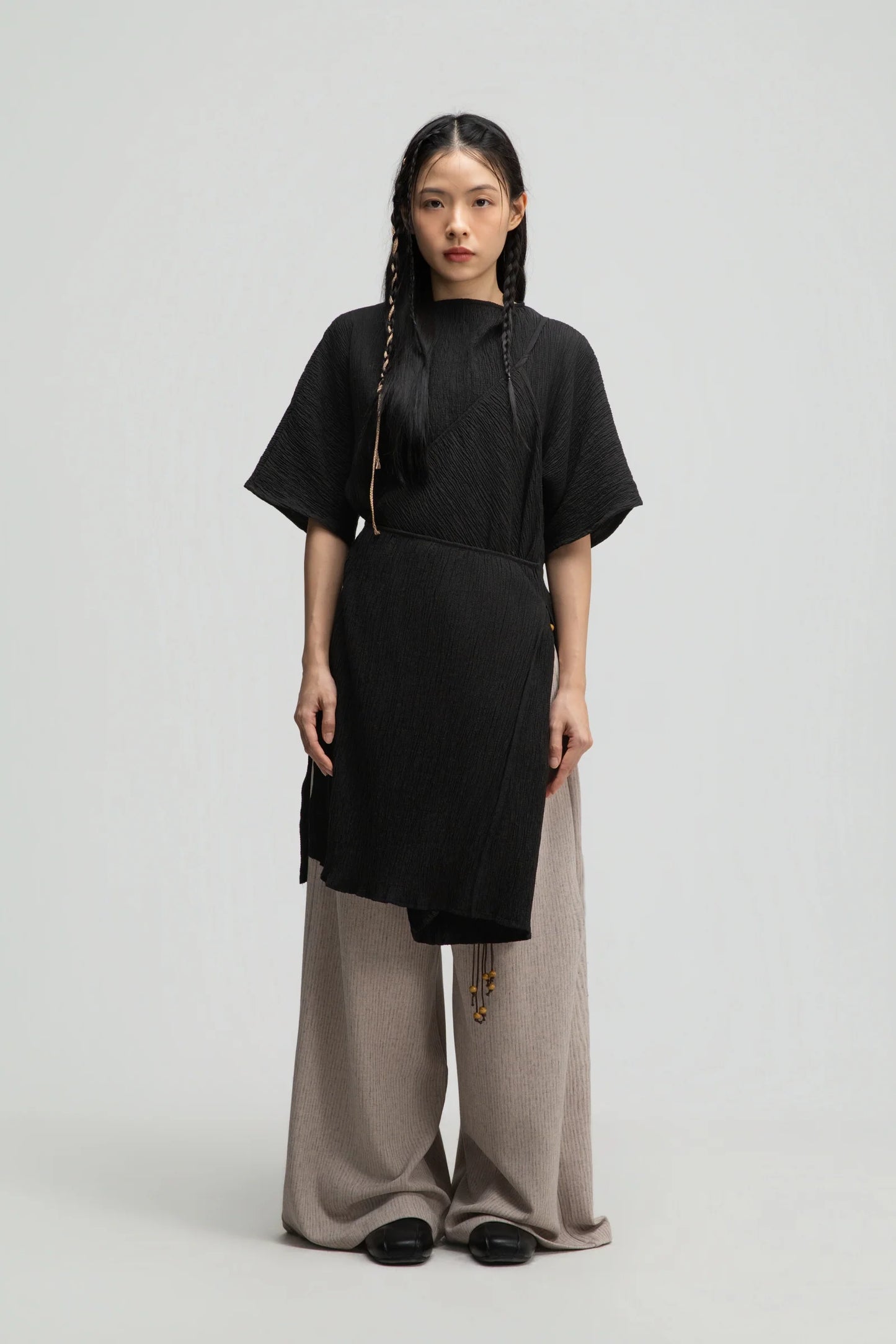 High Neck Wrap Longline Top (Black)