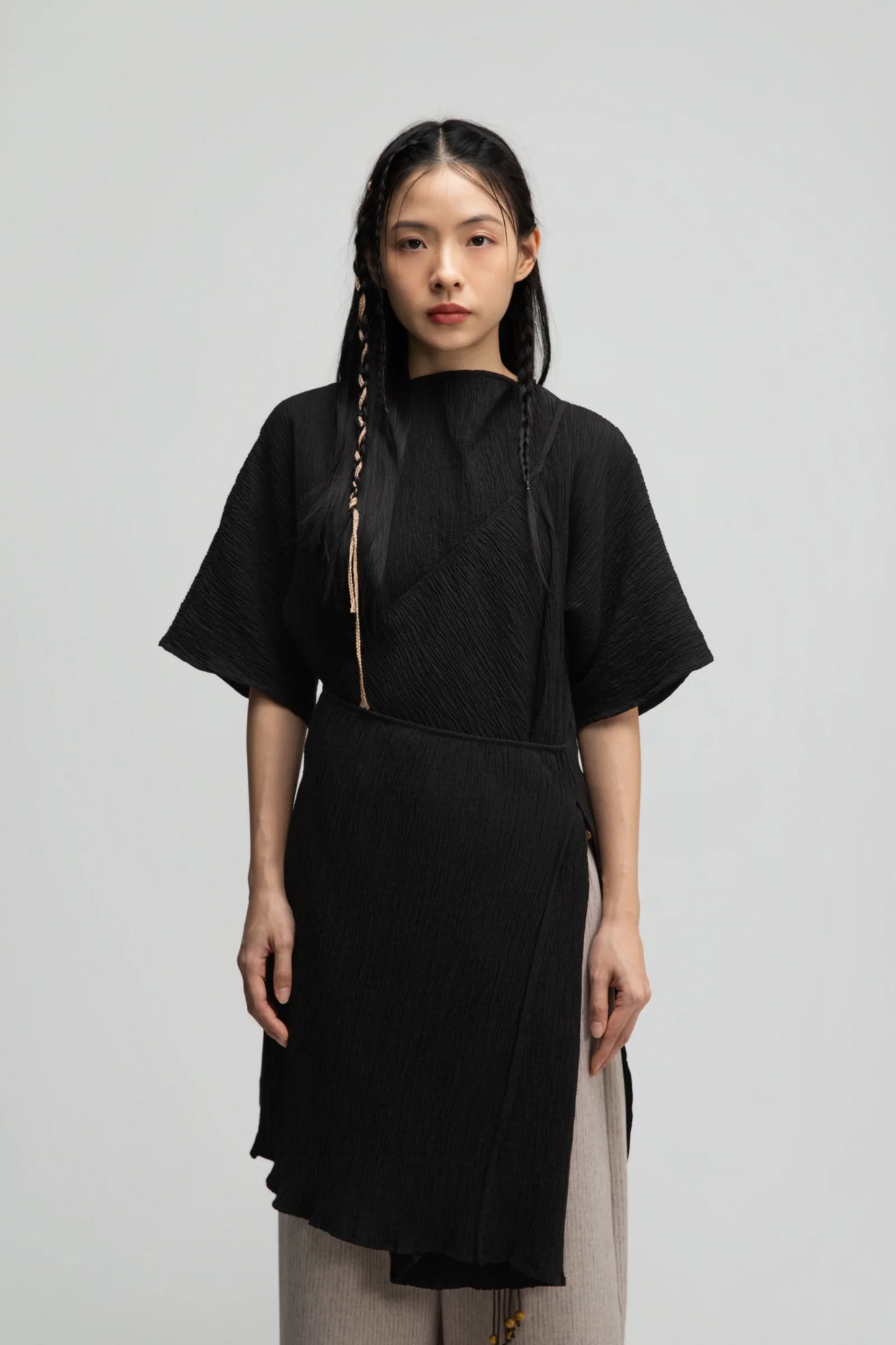 High Neck Wrap Longline Top (Black)