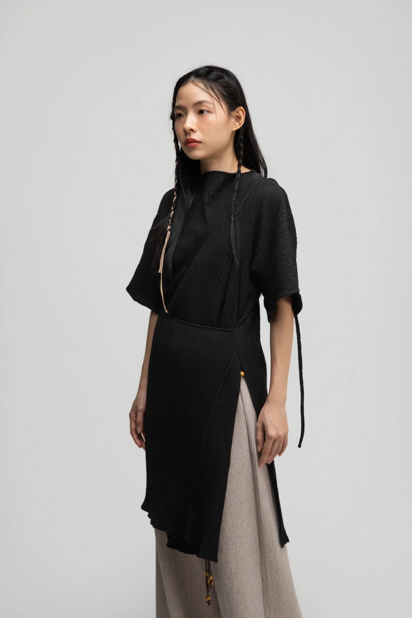 High Neck Wrap Longline Top (Black)