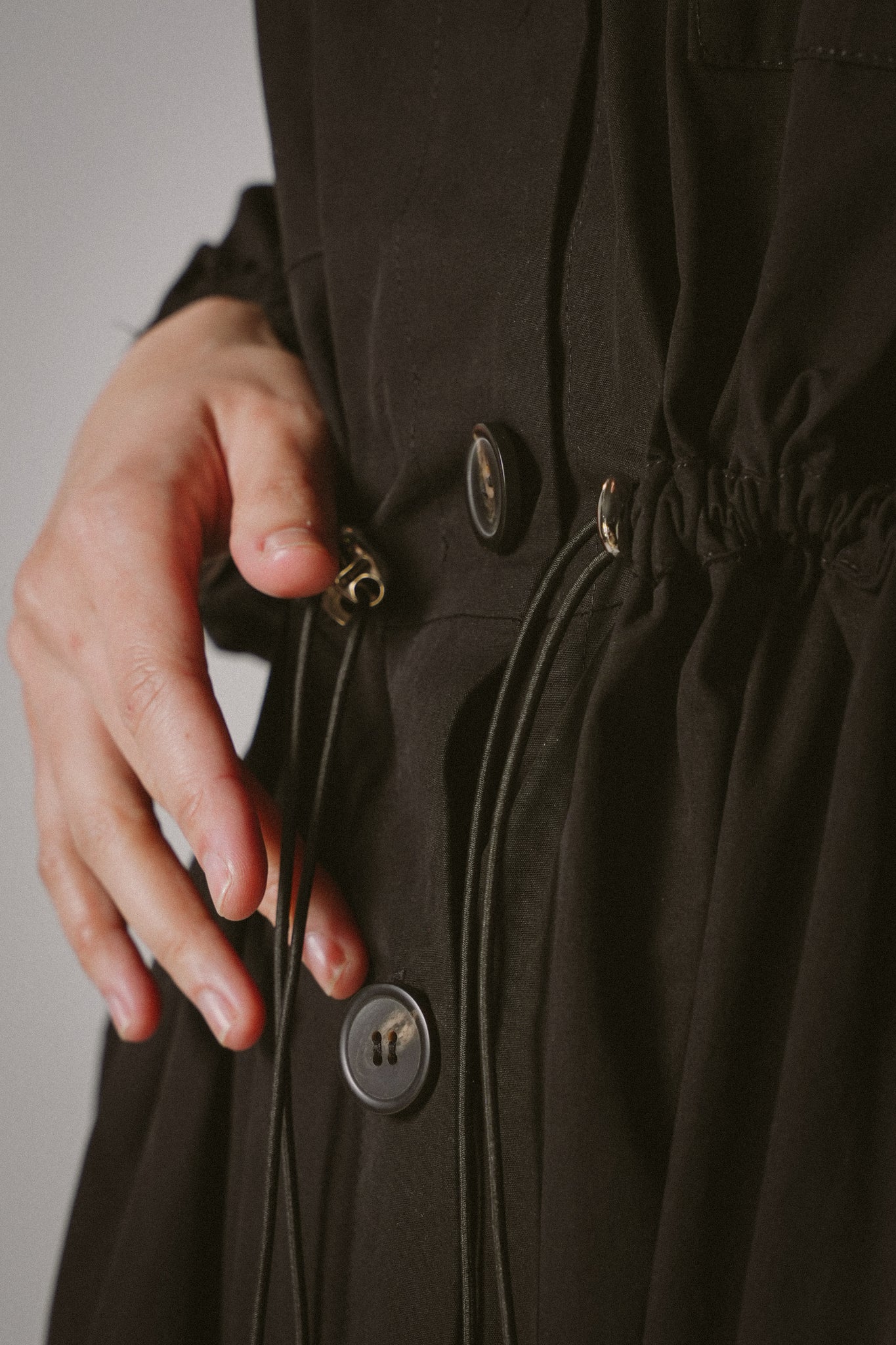 Drawstring Trench Cotton Dress -  BLACK