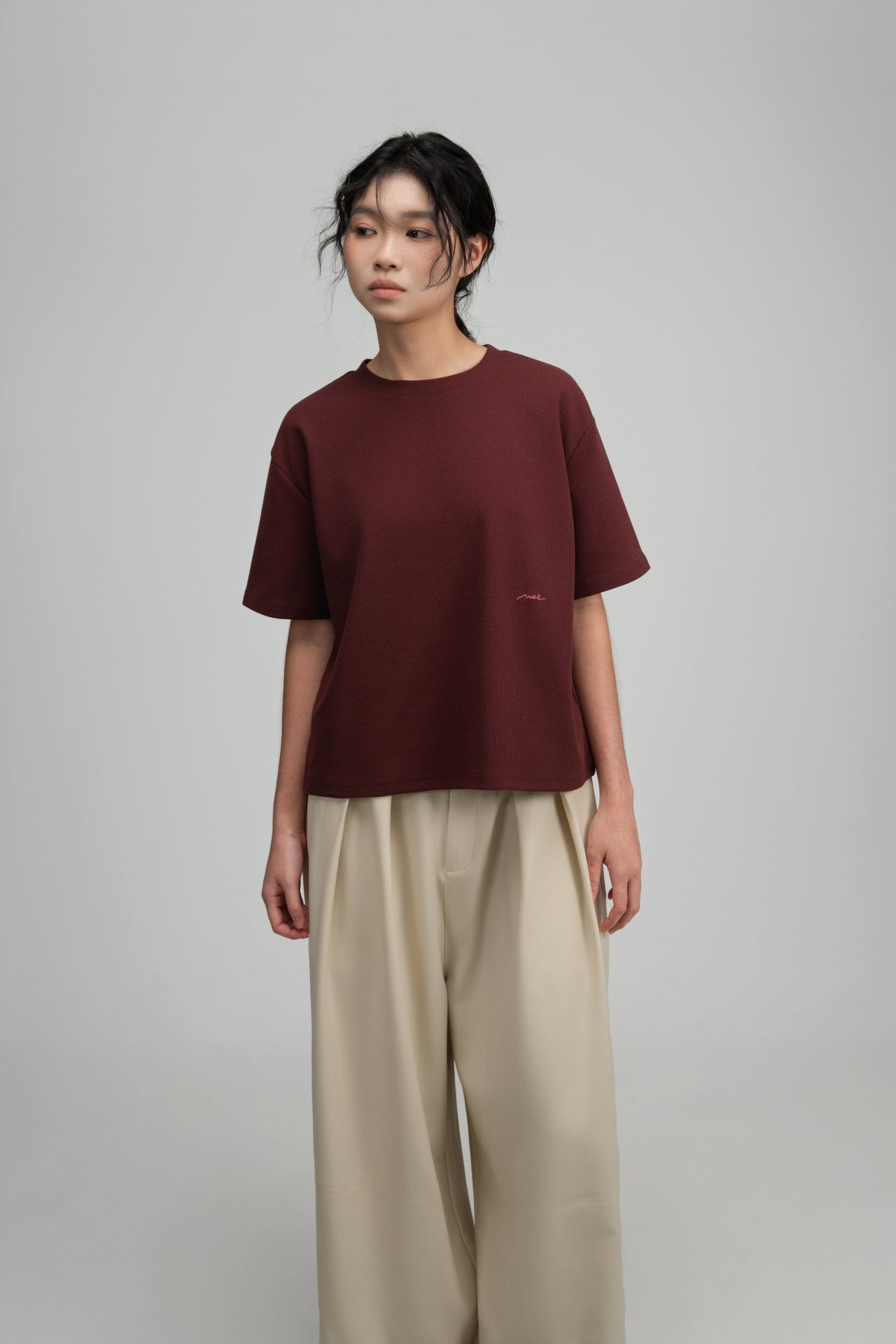 Gender Neutral Boxy Crop Waffle Tee (Maroon) - BEV C multi label store