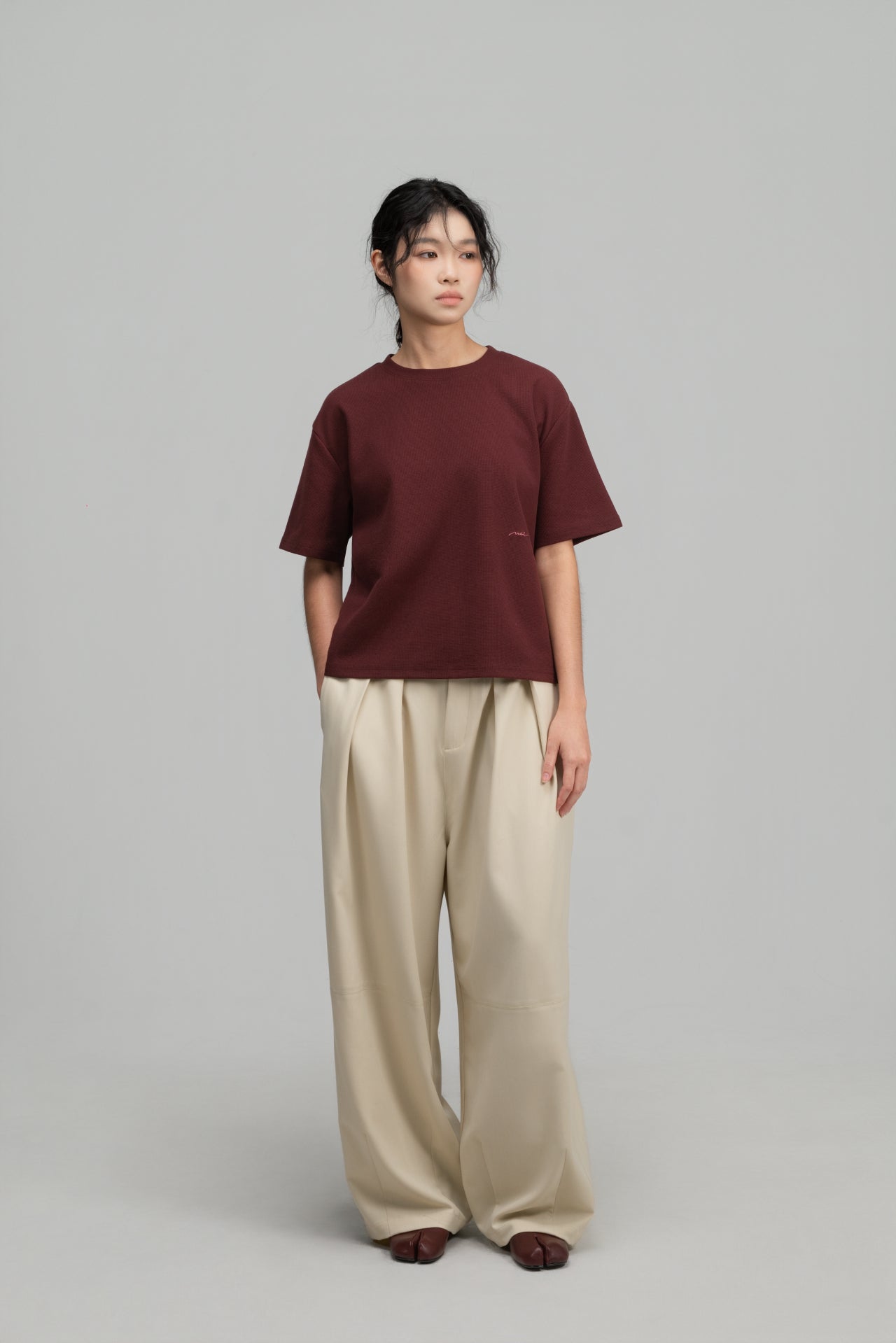 Gender Neutral Boxy Crop Waffle Tee (Maroon) - BEV C multi label store
