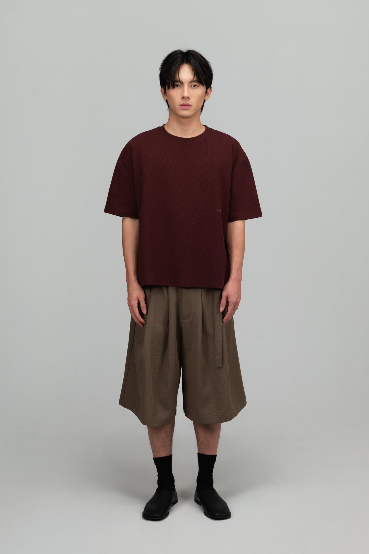 Gender Neutral Boxy Crop Waffle Tee (Maroon) - BEV C multi label store
