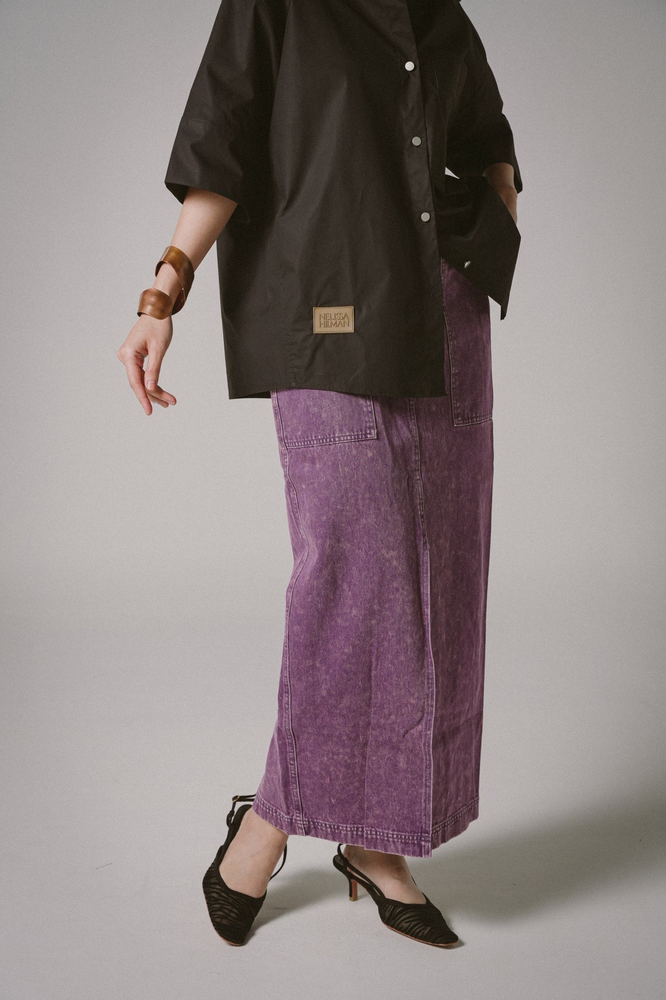 Front-Slit Denim Midi Skirts (Purple)
