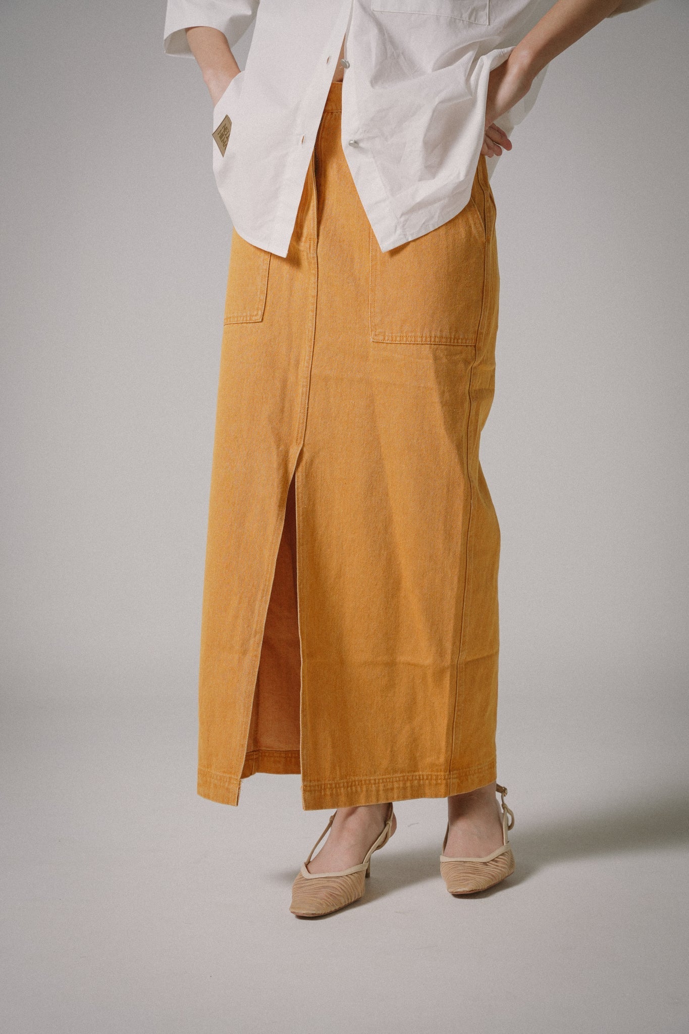 Front-Slit Denim Midi Skirts (Orange)