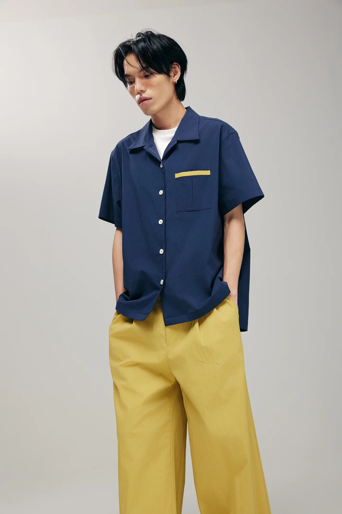 ORIME CAMP-COLLAR SHIRT IN NAVY & LIME