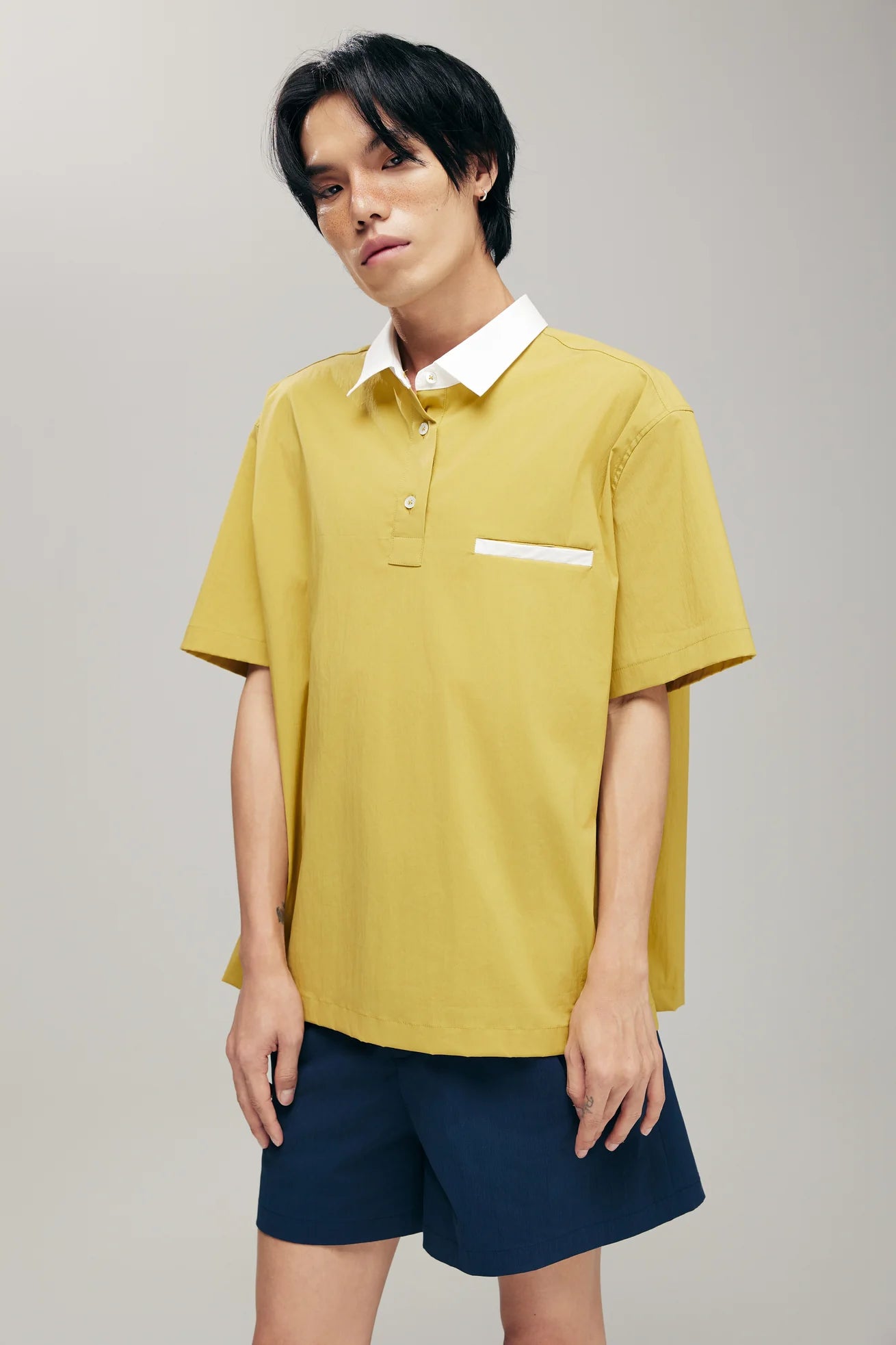 SENSU HALF-PLACKET SHIRT IN LIME & WHITE