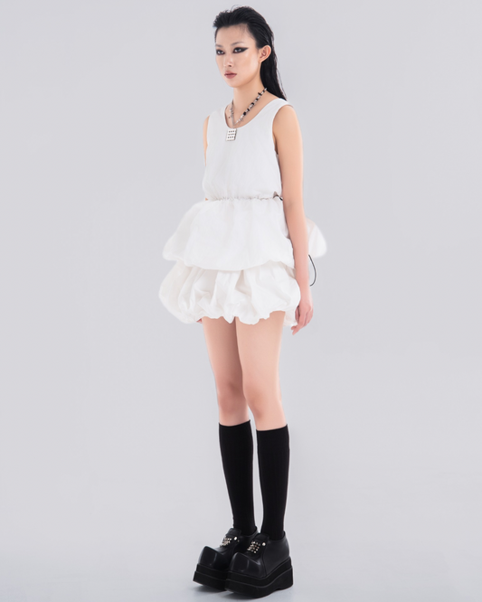 NOIZ N5SK1 ELASTIC-WAISTBAND MINI PUFF SKIRT IN WHITE