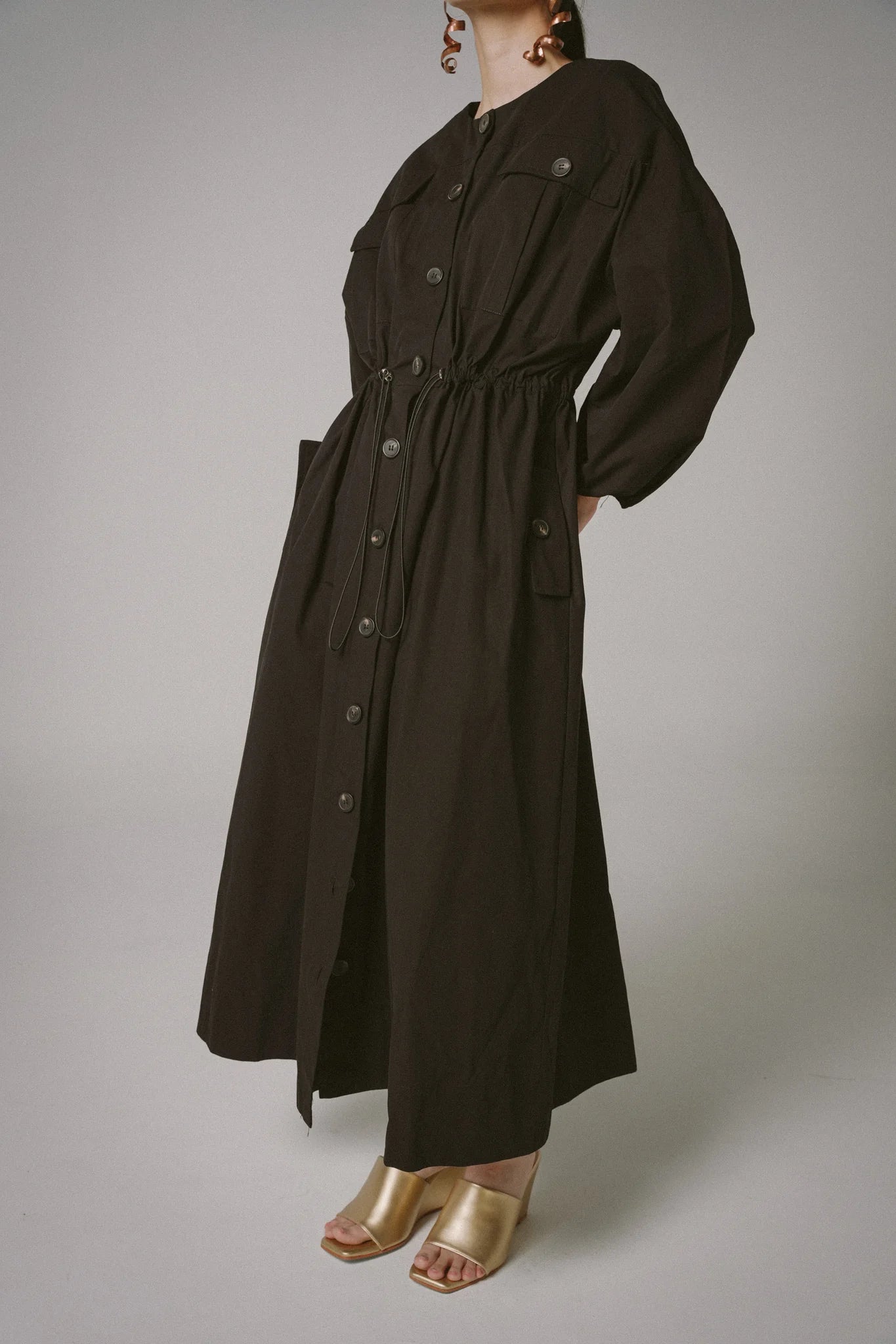 Drawstring Trench Cotton Dress -  BLACK