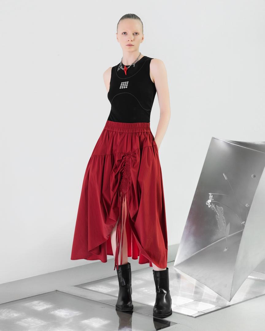 N8SK4 Layered Drawstring O-Strape Skirt - Maroon